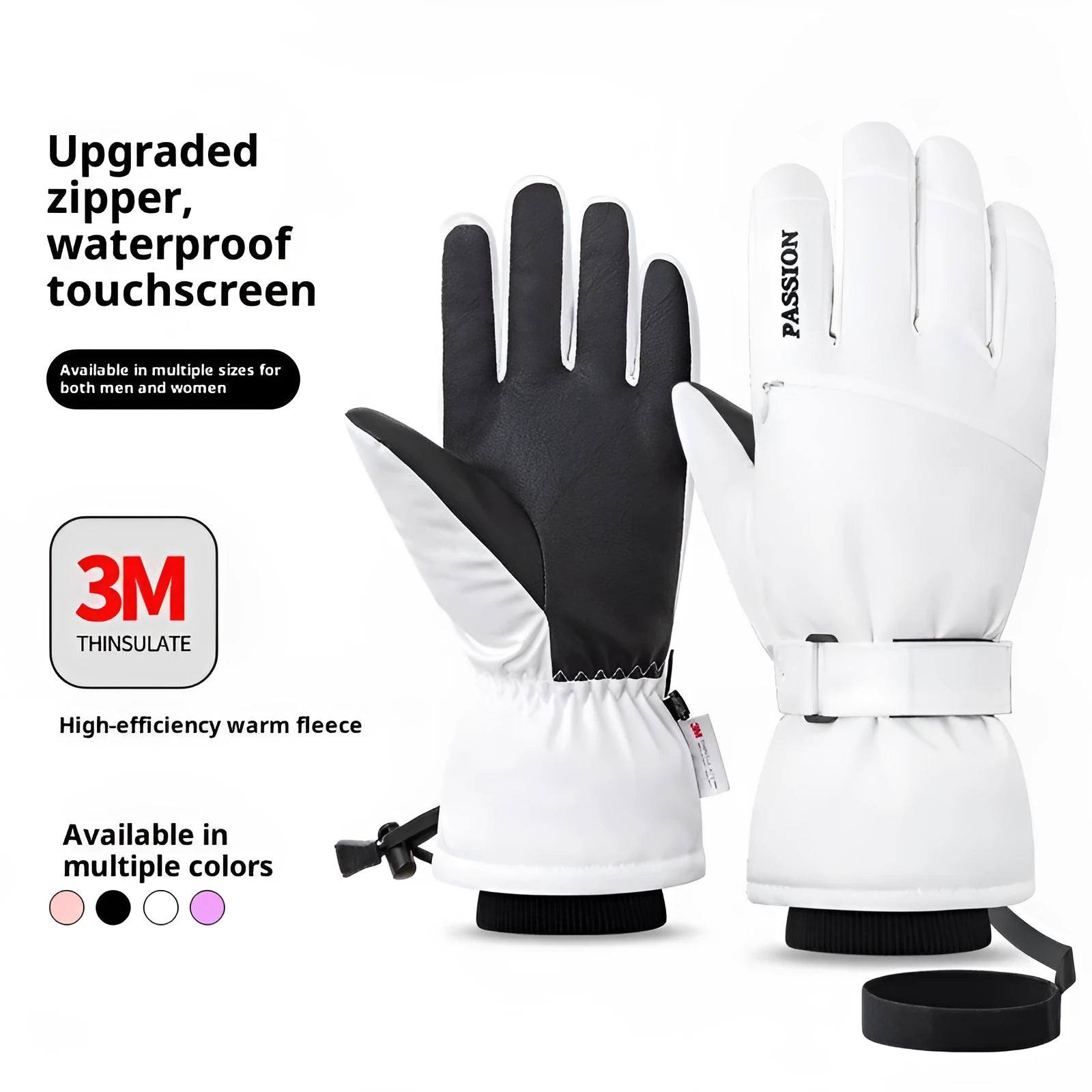 Pair of waterproof warm ski gloves with touch screen fingers and non-slip palm in black colour on white background