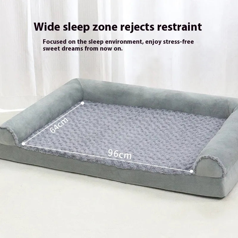 Light grey soft cloth dog kennel with removable mat, shown in a home setting.