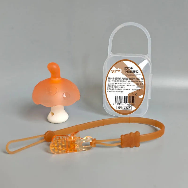 Small mushroom-shaped chewing gum in pink or nano colour with transparent box and optional chain.