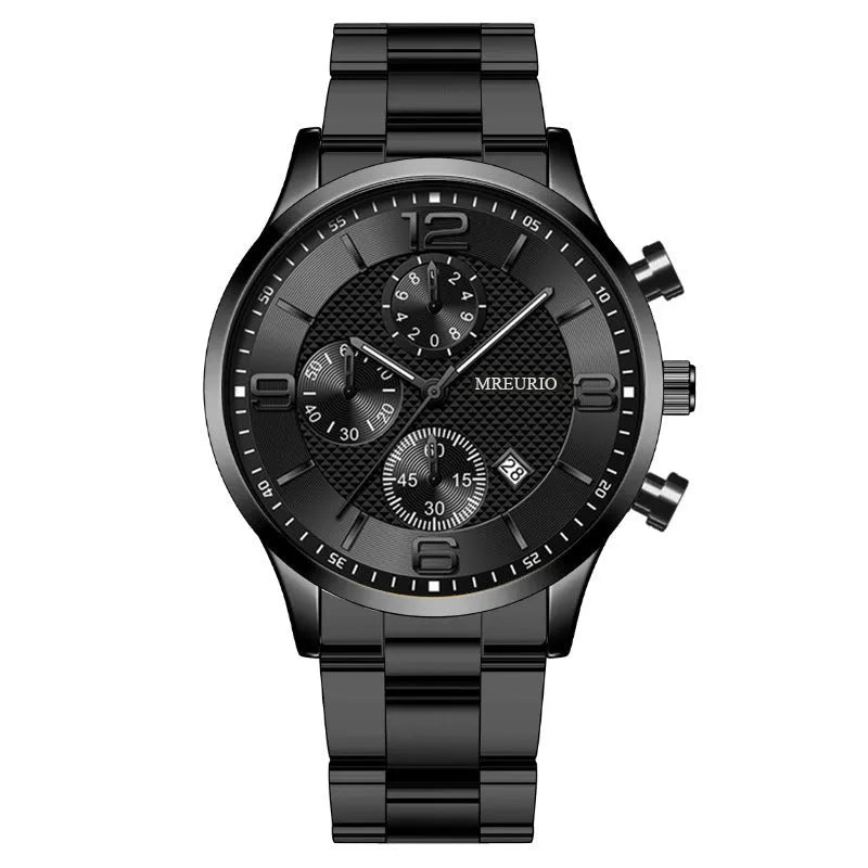 Fashion Numbers men's watch with three-eye calendar chronograph, black dial, silver hands, leather strap