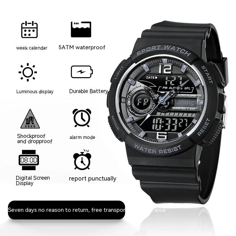 Children's electronic watch with large digital dial and rubber strap in black and silver
