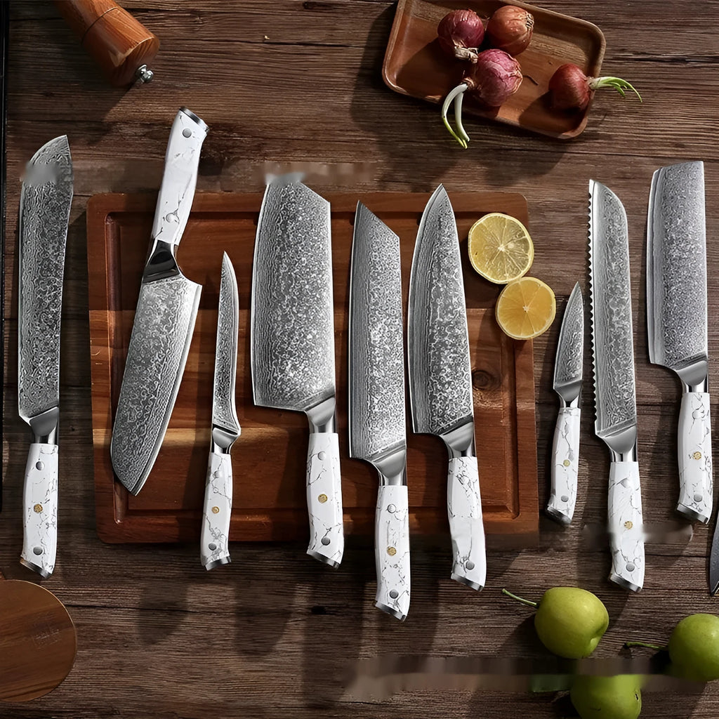 Damascus pattern chef's knife with VG10 steel blade and modern handle for kitchen use