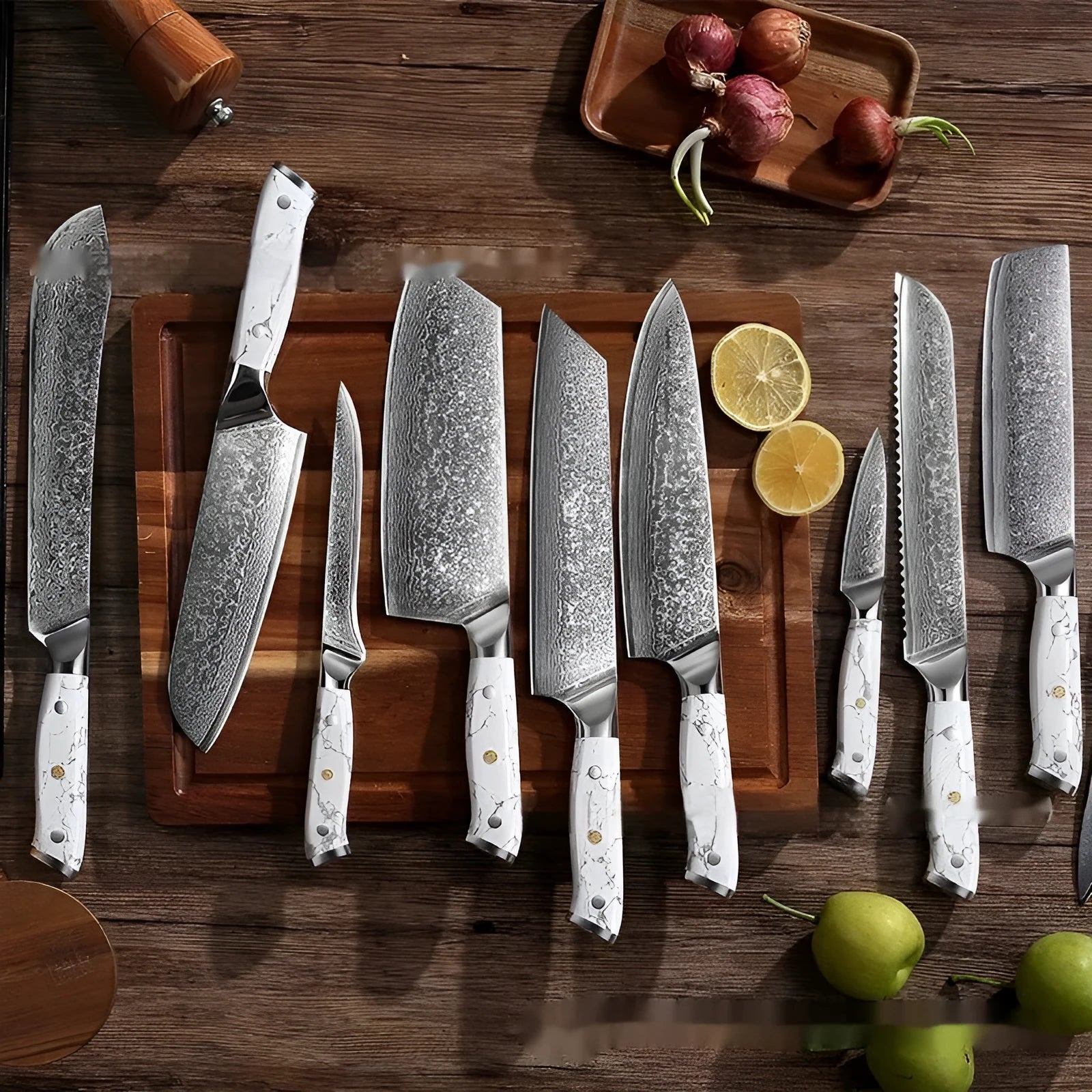 Damascus pattern chef's knife with VG10 steel blade and modern handle for kitchen use