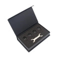 Bluetooth 5.0 automotive tire pressure monitoring system with four black external sensors, a wrench, and anti-theft screws.