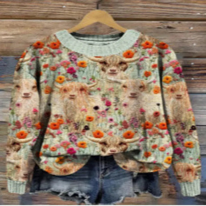 Women's little flower digital printed round neck sweater in polyester, shown in a selected colour from the YPM935 series.