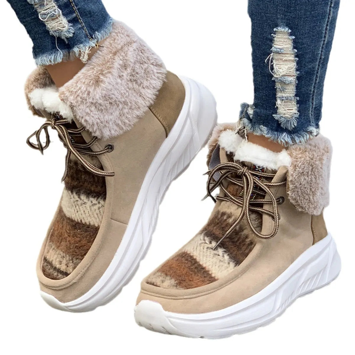 Women's lace-up snow boots in beige with thermal plush lining and rubber soles