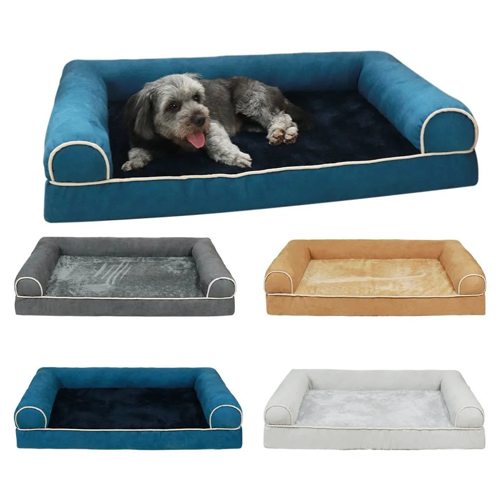 Square sponge cooling dog bed for dogs in a neutral colour on a floor.