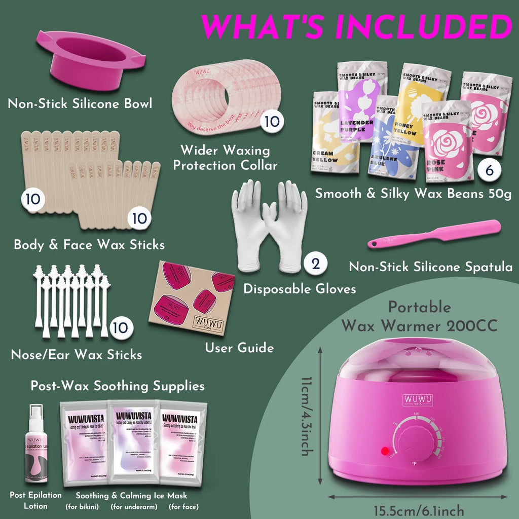 WUWUVISTA hard wax hair removal kit with pink wax warmer, coloured wax beads, applicators, and aftercare products
