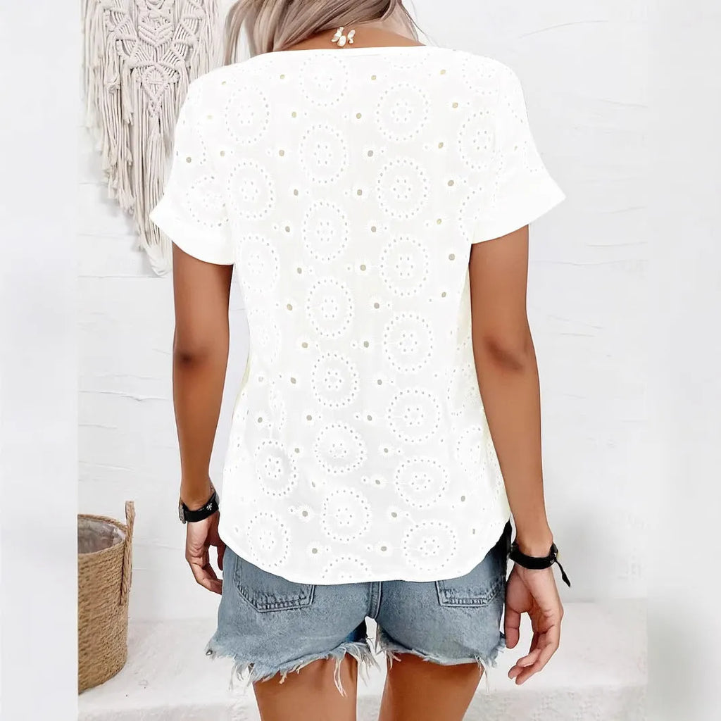 White women's V-neck short sleeve T-shirt with hollow-out detail in a loose fit