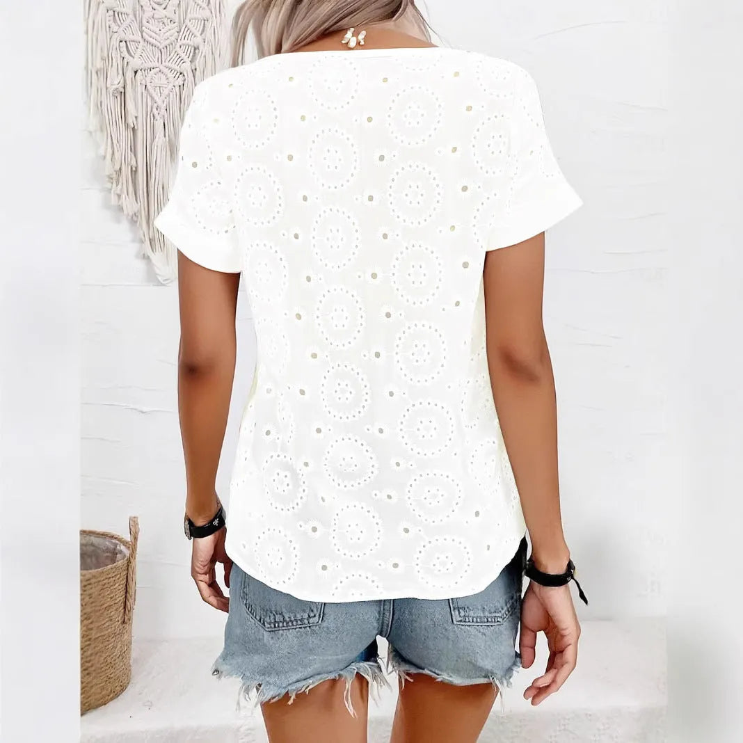 White women's V-neck short sleeve T-shirt with hollow-out detail in a loose fit