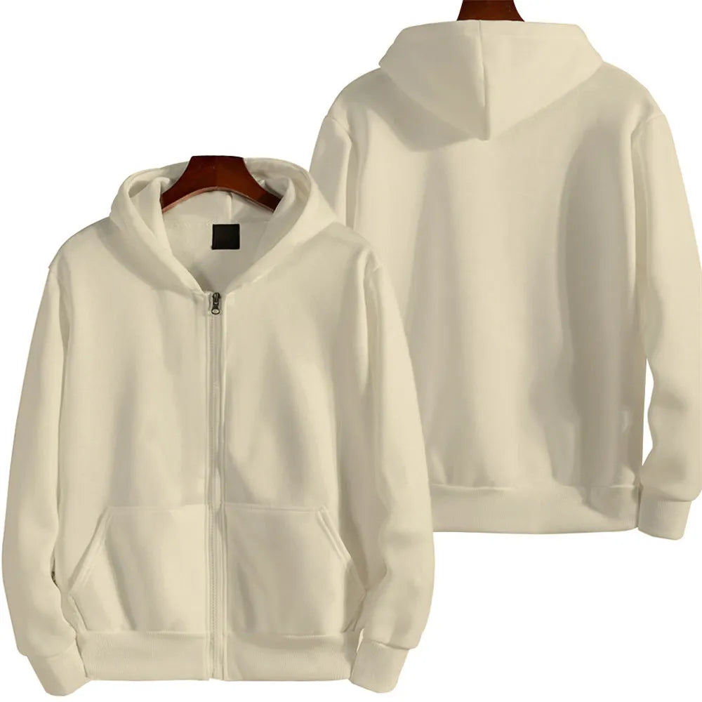 Men's solid colour loose fit zip-up sports jacket on a hanger.