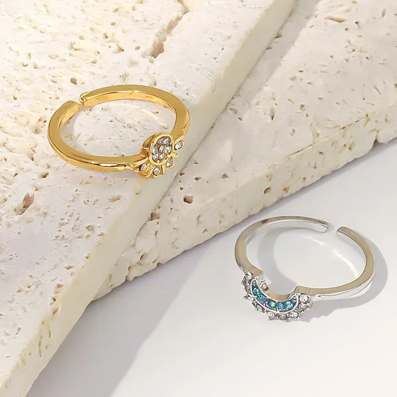 Sun and moon diamond-studded alloy couple ring set with geometric shape for lovers