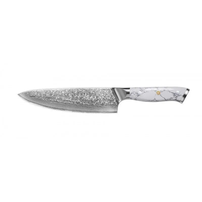 Damascus pattern chef's knife with VG10 steel blade and modern handle for kitchen use