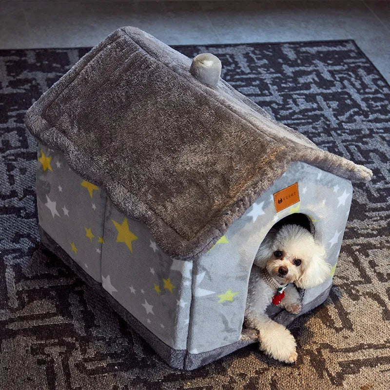 Foldable dog house pet cat bed in cave style with self-warming plush fur and non-slip bottom, available in multiple colours and sizes