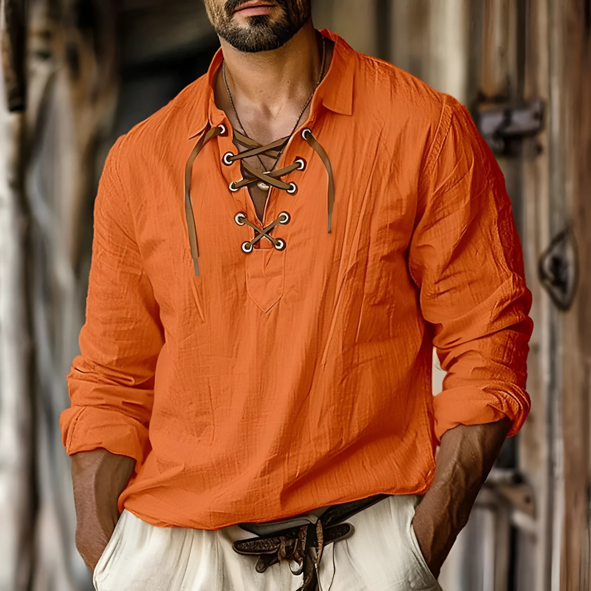Men's loose fit plus size shirt with lapels and lace detailing in a linen blend fabric.
