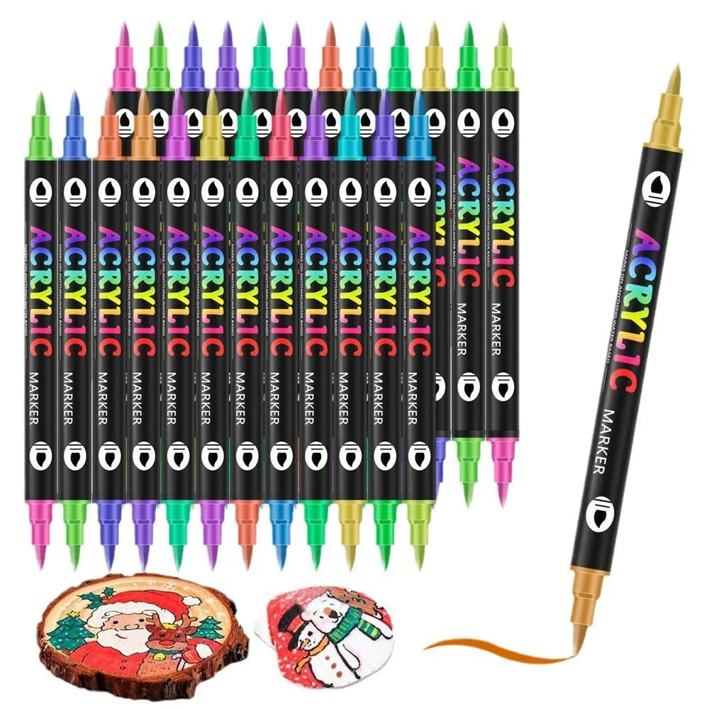 Set of double-headed acrylic marker pens showing both tips, with opaque washable ink in multiple colours.