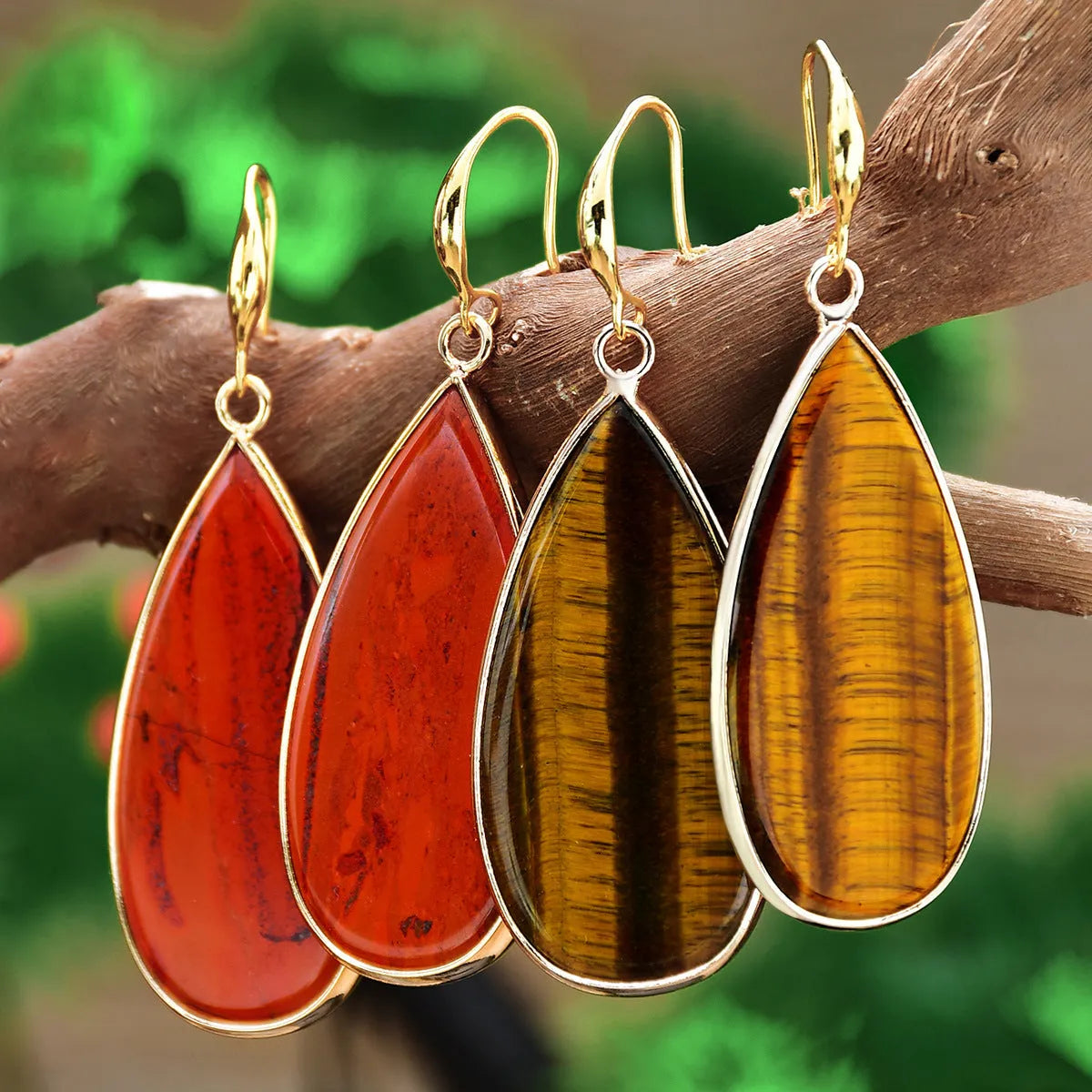 Vintage long water drop earrings handcrafted from Tigereye stone with retro design
