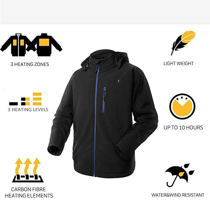 Black USB winter thermal coat for men with zipper pockets and straight hem design