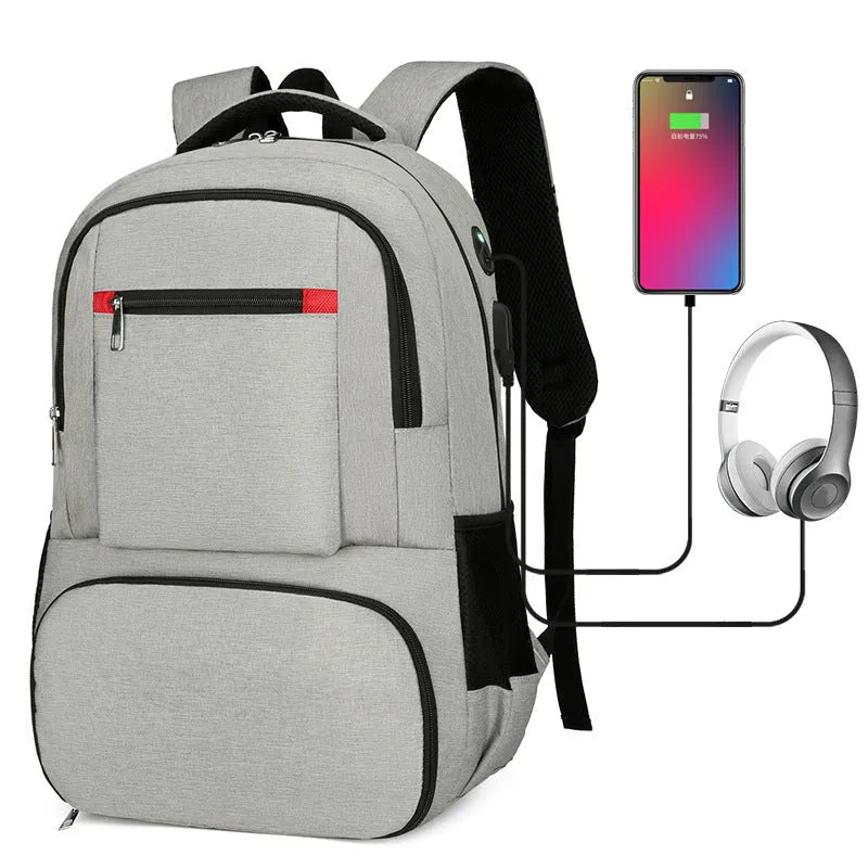Light grey insulated Oxford cloth backpack with curved shoulder straps and pull-rod belt accessory