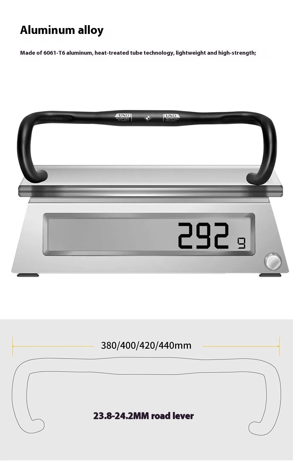 Black UNO aluminium alloy road bike racing drop handlebar showing shallow bend profile.