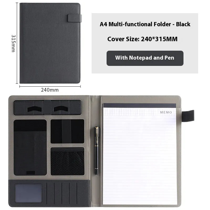 Leather A4 business folder in black, open to show interior with optional pen and notepad.