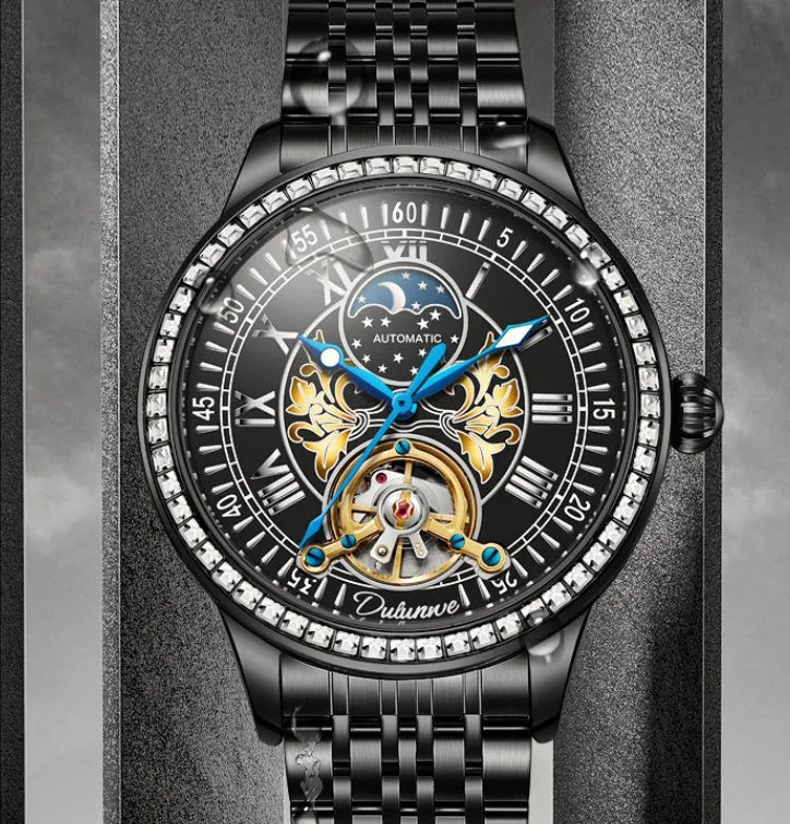 Men's stainless steel waterproof mechanical watch with a round dial and transparent case back.