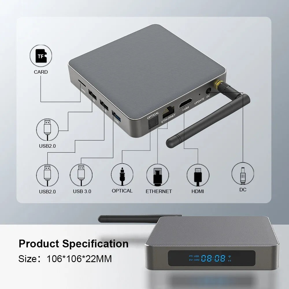 Android 8K set-top box with RK3566 processor, compact 105mm design, HDMI output