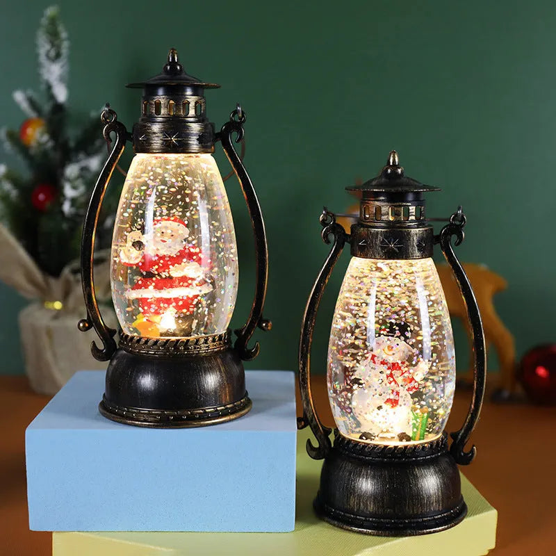Crystal ball oil lamp Christmas ornament with LED light, snowman or elderly figure theme.