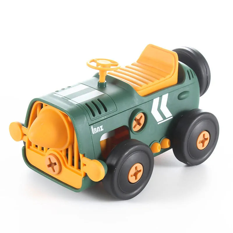 Plastic screw assembly toy vehicles for children aged 4-6, including plane, ship, car, and train with screwdriver and instructions