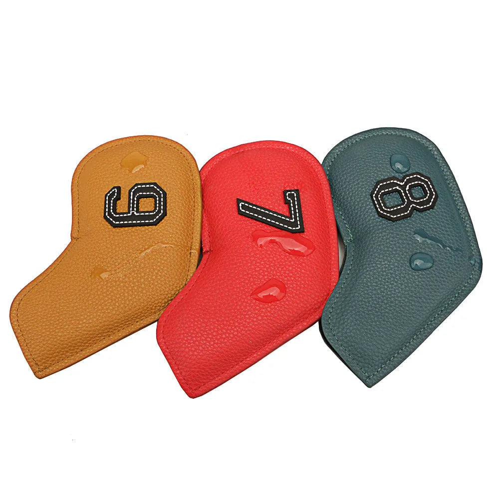 Set of ten digitally printed PU leather golf club head covers in assorted colours.