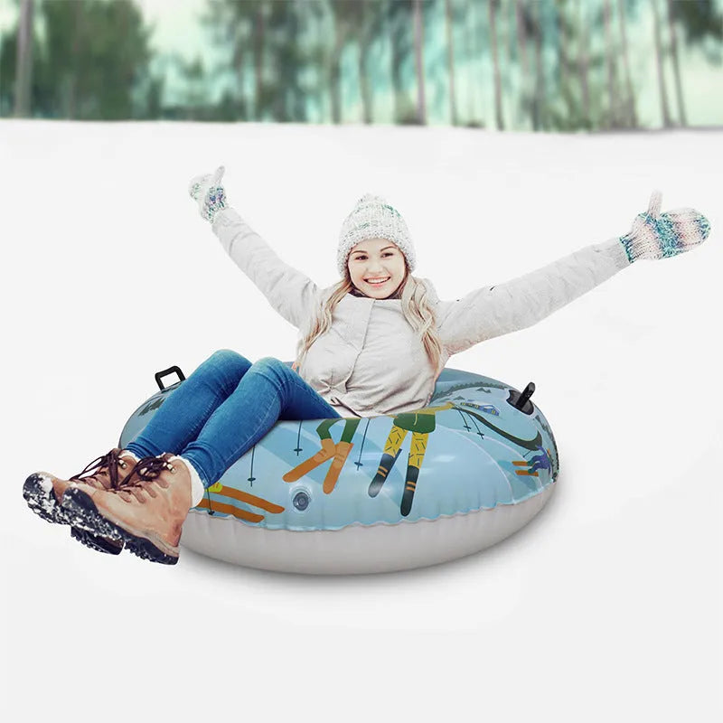 PVC plastic ski ring toy for children in a winter sports printed design, shown in one of three colour options.