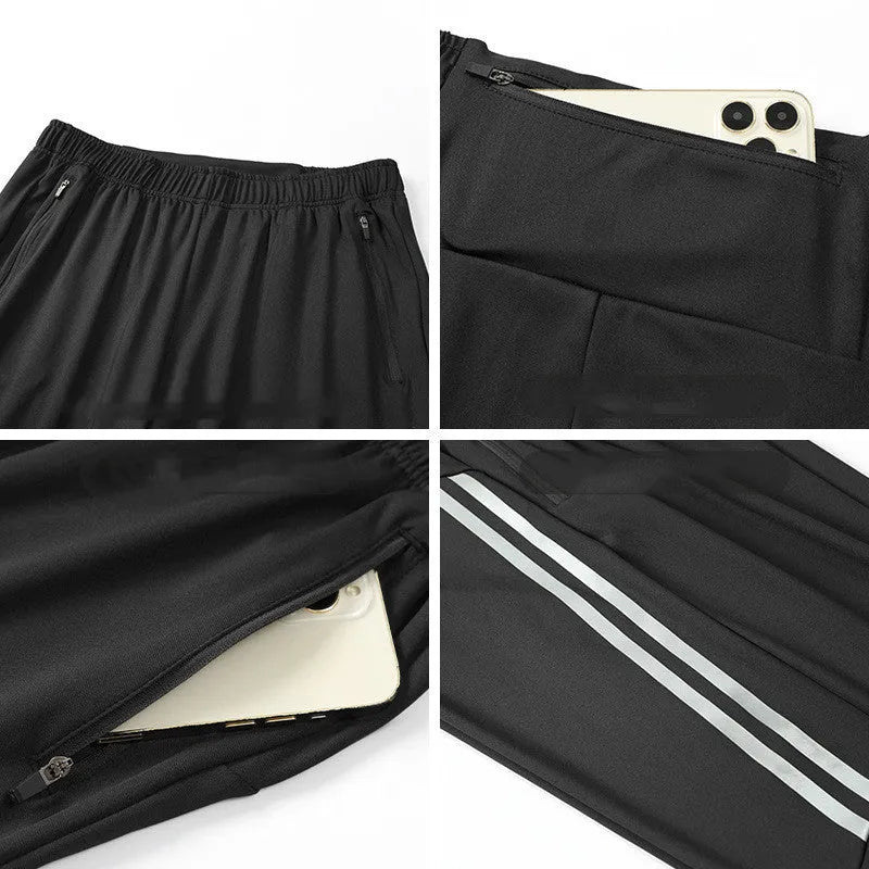 Men's black running trousers with mid waist fit and full length design for sports activities