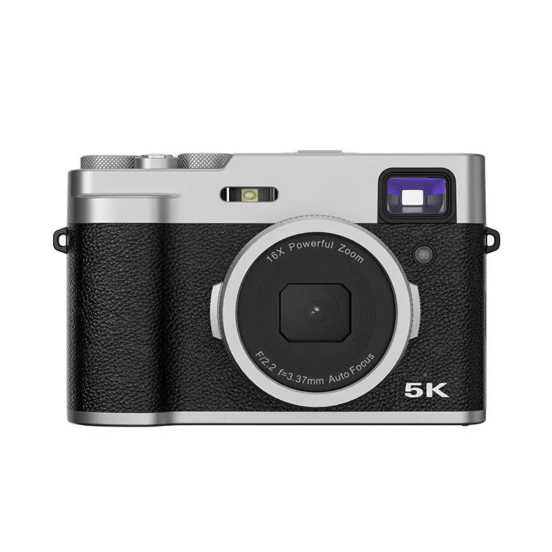 Black and brown 5K digital camera with dual lenses and an optical viewfinder on a 2.88-inch screen.
