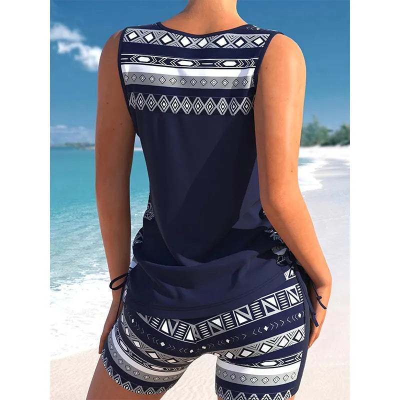 Women's polyester sleeveless conservative split swimsuit with hollow detailing in split swimsuit colour, available in sizes S M L XL XXL
