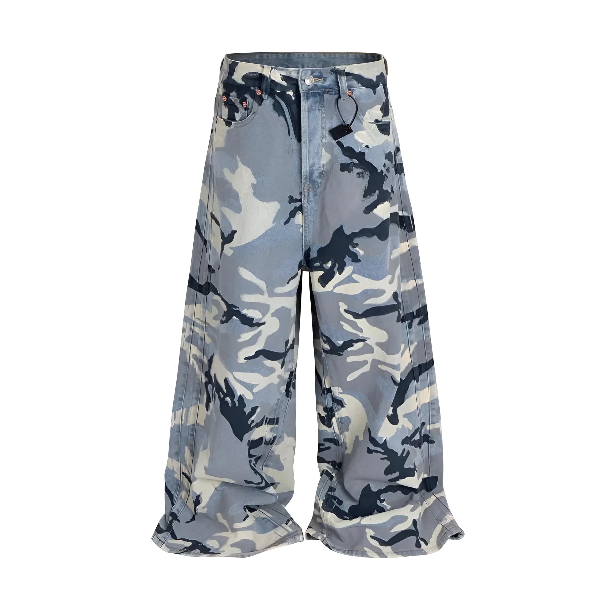 Blue snow camouflage pattern loose fit jeans with mid waist design and micro-elastic denim fabric