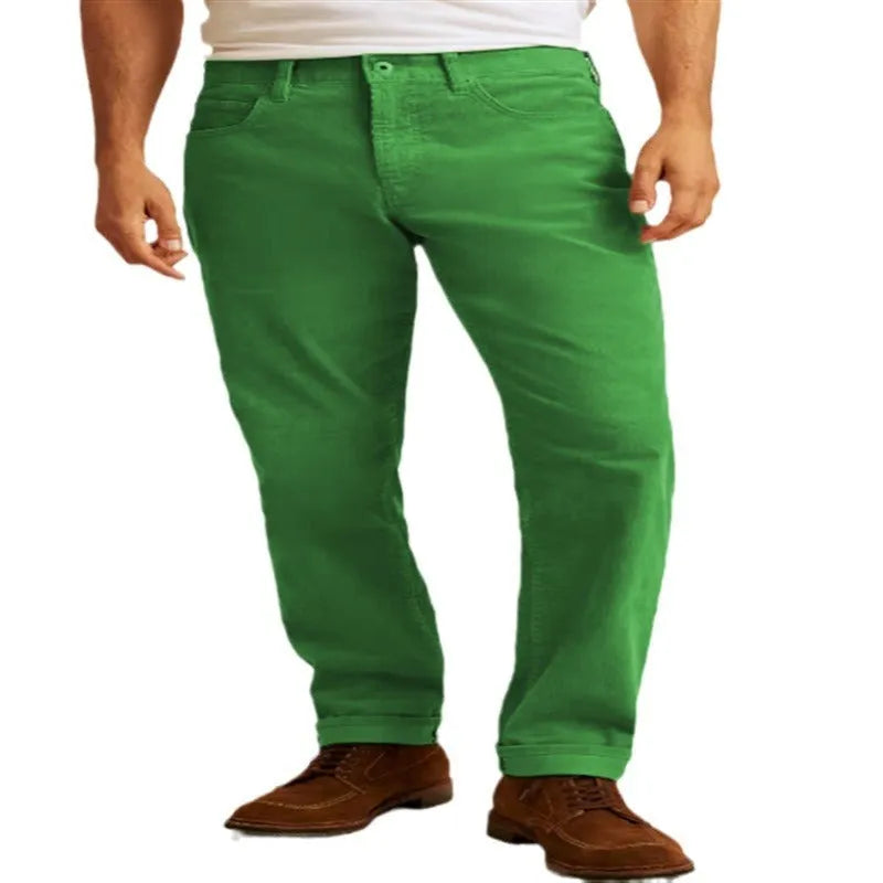 Corduroy straight-leg trousers in army green colour with mid-waist design and zip fly closure