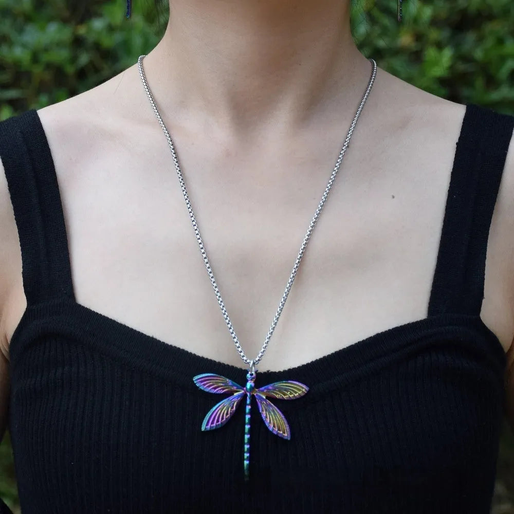 Rainbow-coloured alloy dragonfly keychain keyring with 60cm snake chain necklace and earrings set