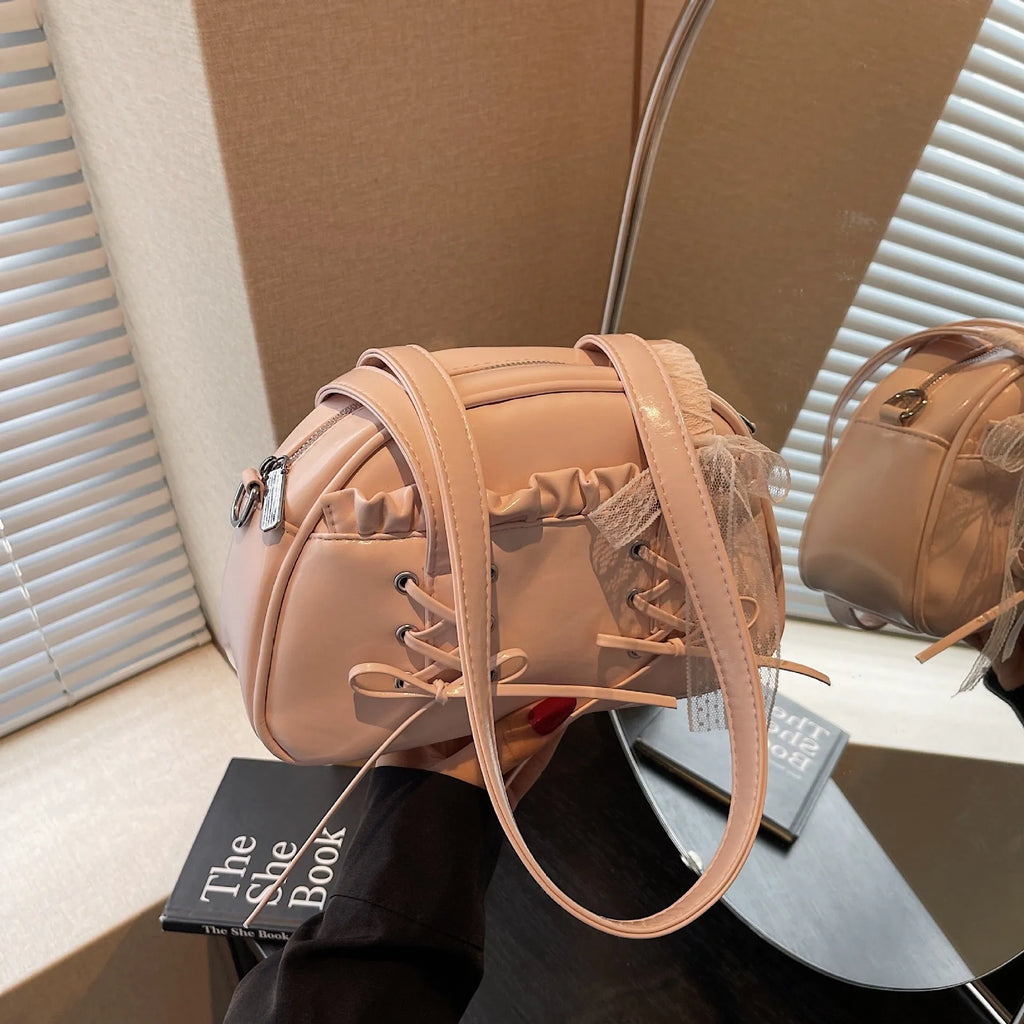 Women's bandage texture bow handbag in PU leather with shoulder strap and phone compartment