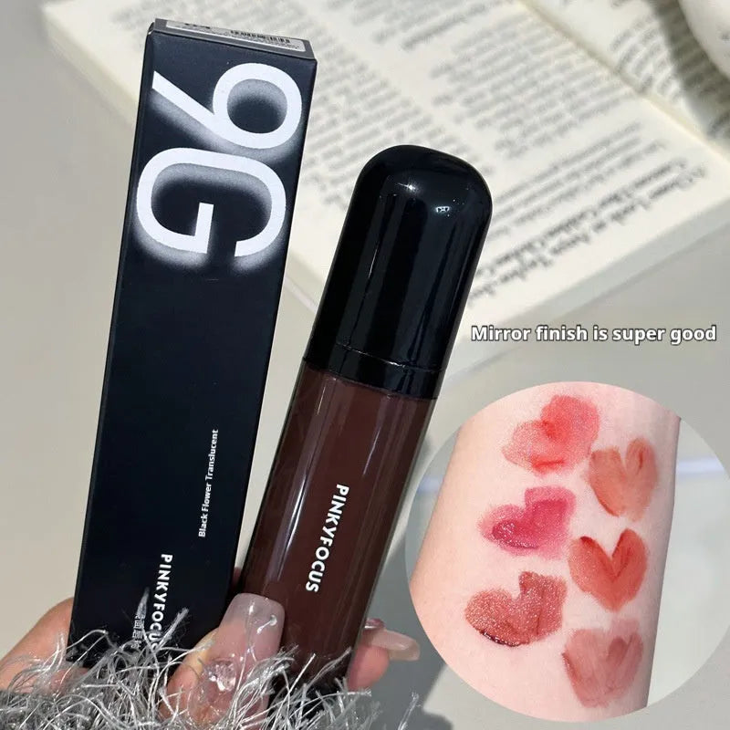 Black shiny Mirror Lip Lacquer makeup product showcasing six colour shades from the Black Citrus series.