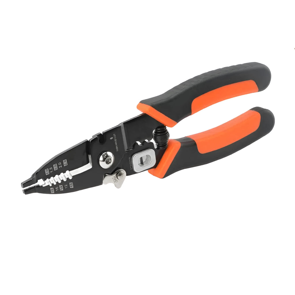 Orange multi-functional wire stripper with 65# steel clamp body and PVC handle for AWG 10-18 stripping