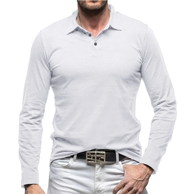 Men's dark grey cotton polo collar long sleeve T-shirt laid flat, American retro style.