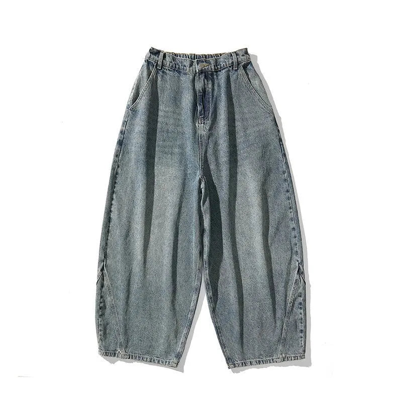 Men's plus size wide leg casual jeans in dark blue denim with straight leg opening