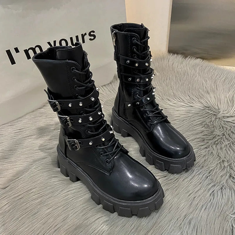Women's punk mid boots in white with buckle, lace-up front, side zip, round toe, and artificial PU upper