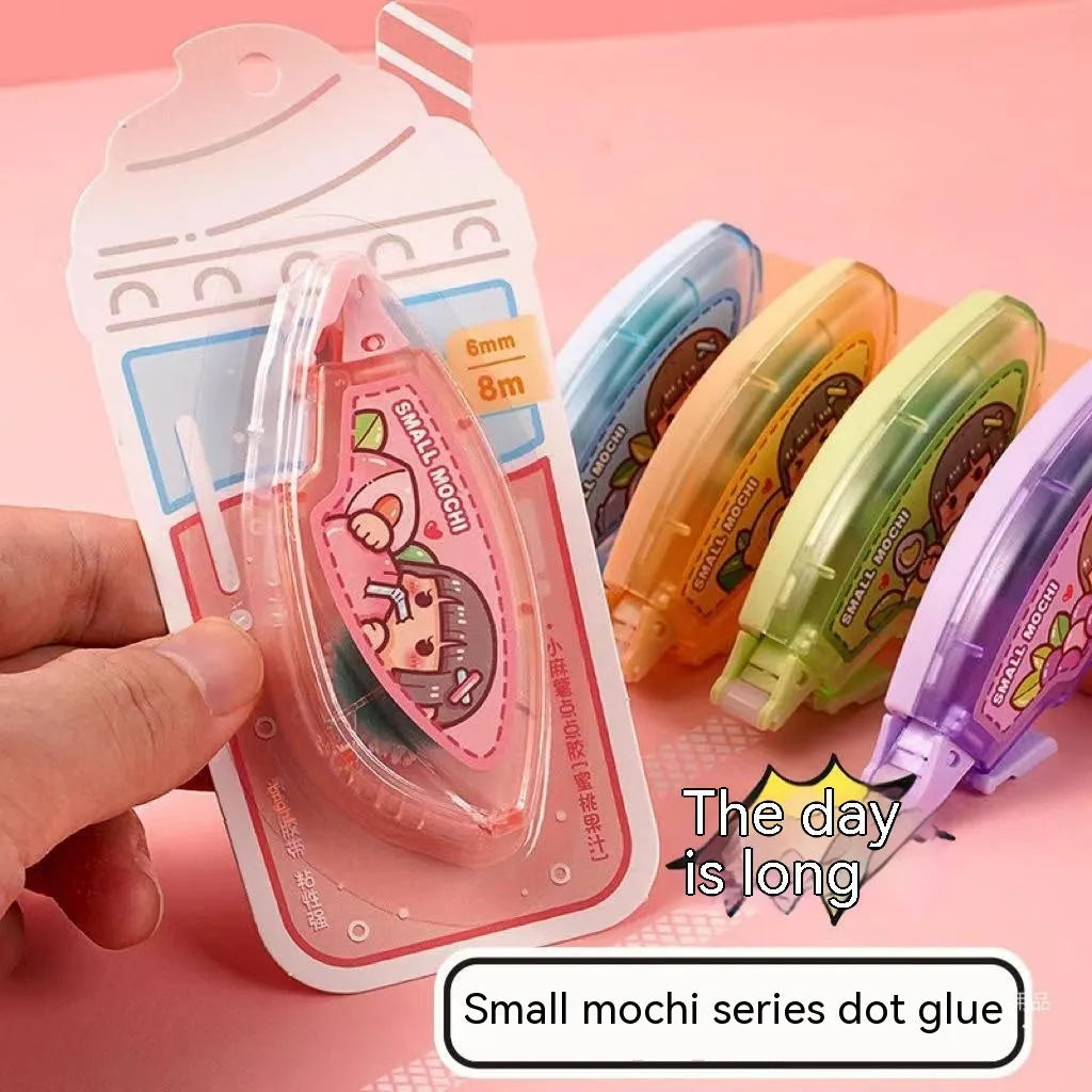 Dotting glue adhesive in plastic container with nozzle, available in peach, lemon, blueberry, butter and grape colours