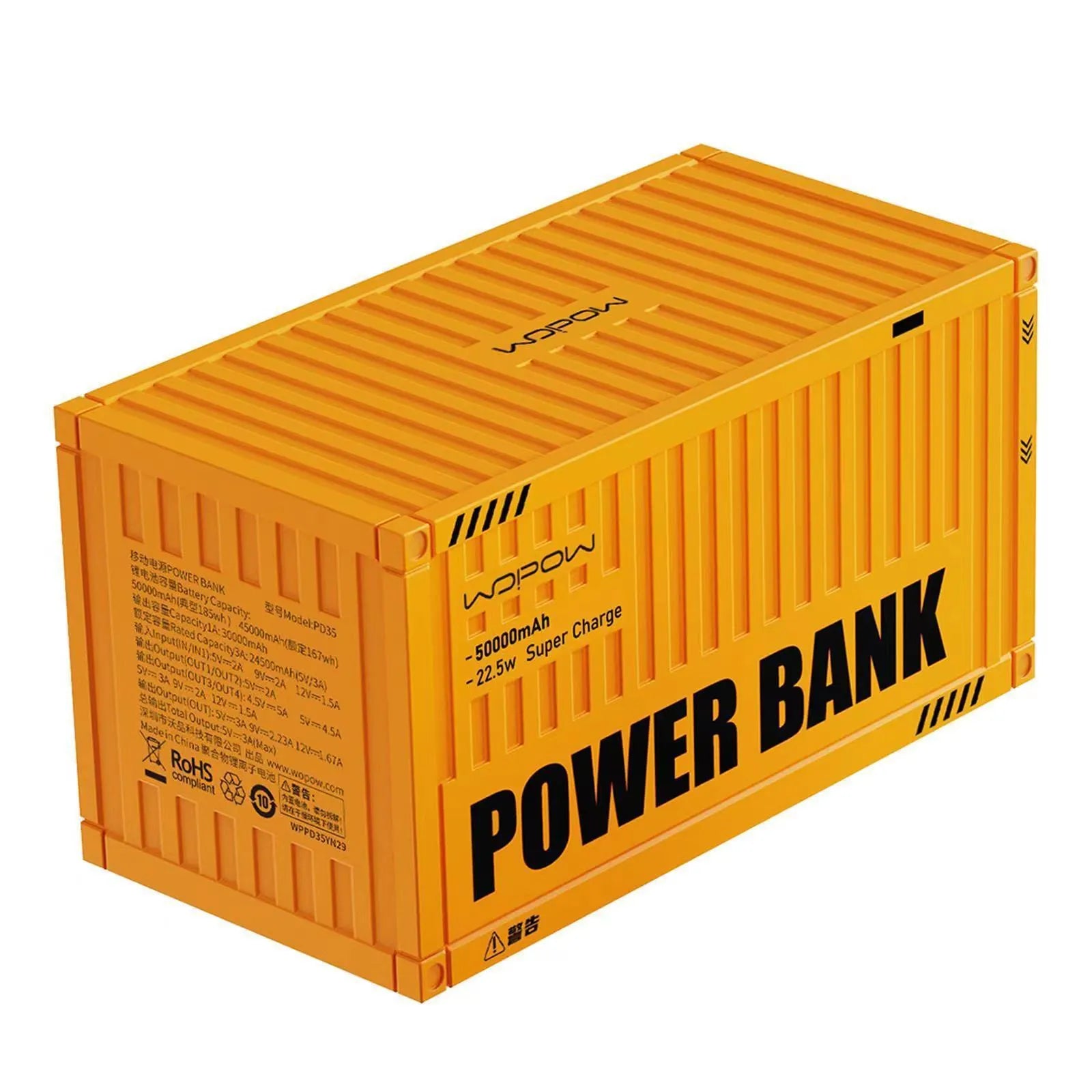 Yellow 50000mAh portable power bank with digital display screen and five USB output ports
