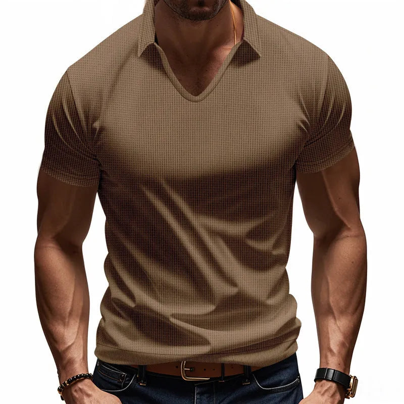 Men's loose fit V-neck short sleeve t-shirt in cotton blend fabric shown in multiple colour options