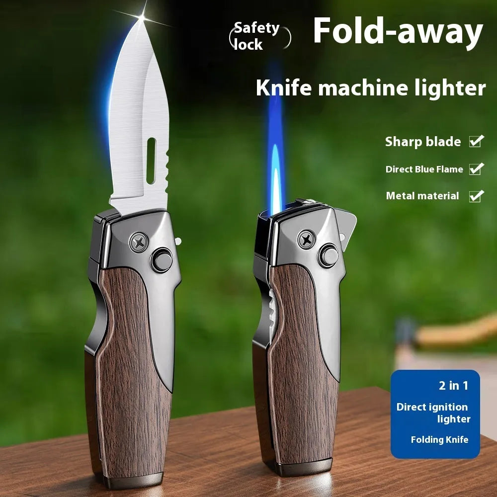 Metal folding outdoor lighter with integrated knife in a zinc alloy case, showing various colour options.