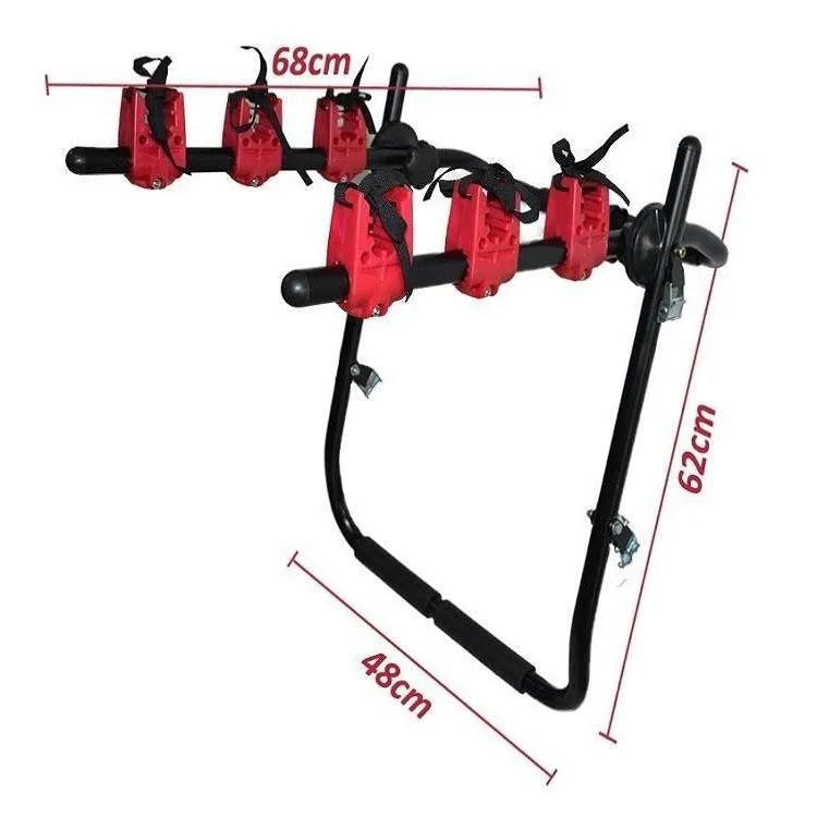 Black and red trunk mounted bike rack for cars with tie rope and pull belt fastening options.