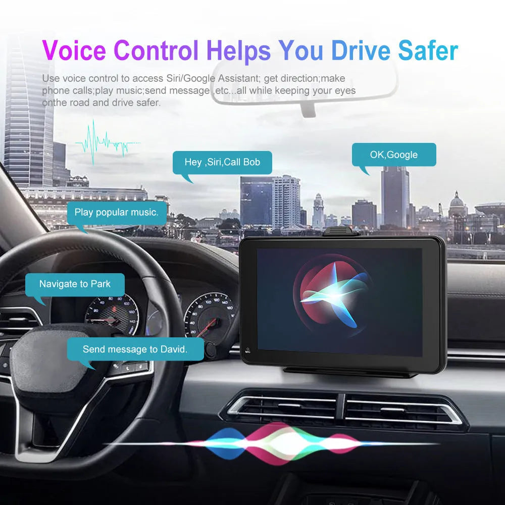 7-inch HD car screen player with universal mounting bracket and suction cup on a black background.