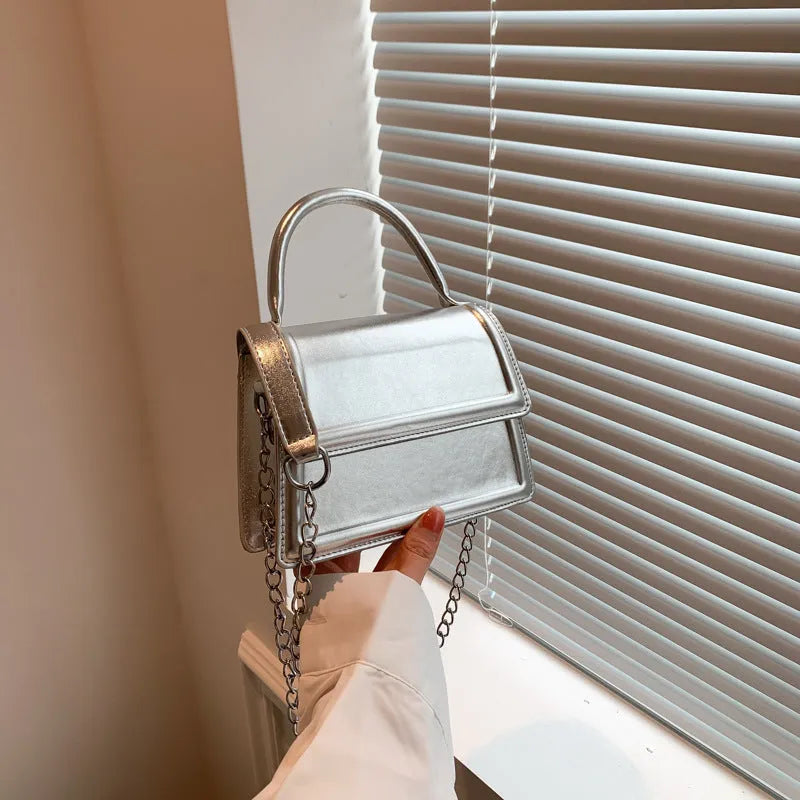 PU leather retro crossbody bag in horizontal square shape with sewing line detail